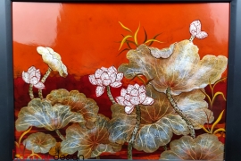 Orange lacquer painting with eggshell lotus 30*40 cm